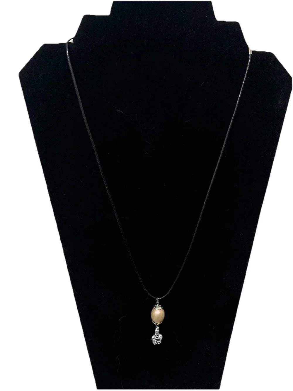 Handmade Silver Flower Oval Bead Pendant Necklace Black Leather Cord Statement